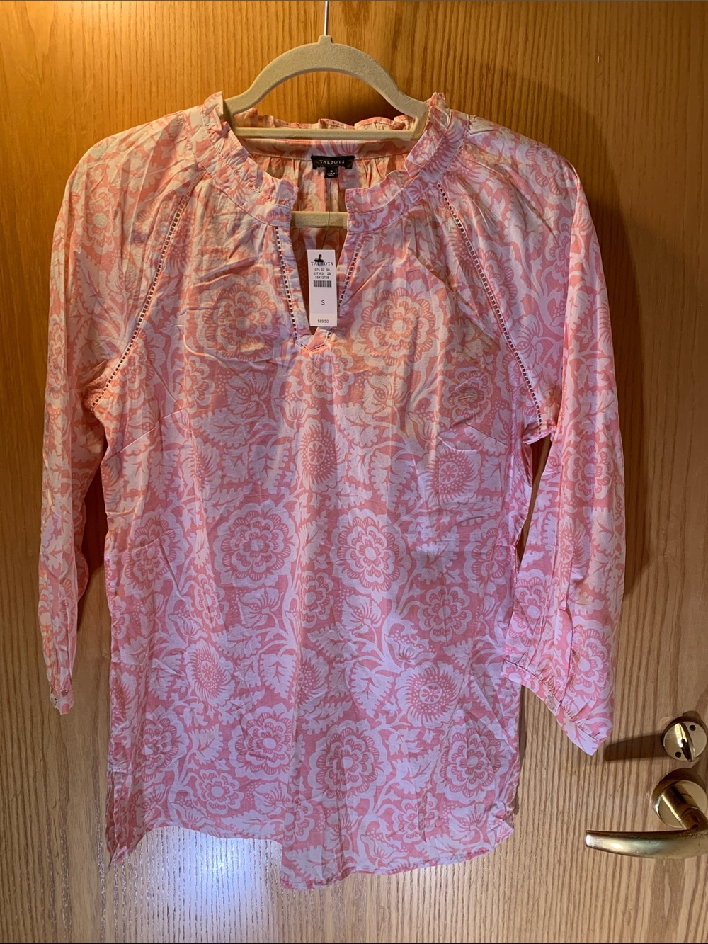 New! Talbots 100% Cotton Pink Floral Split-Neck Tunic Top - Size S